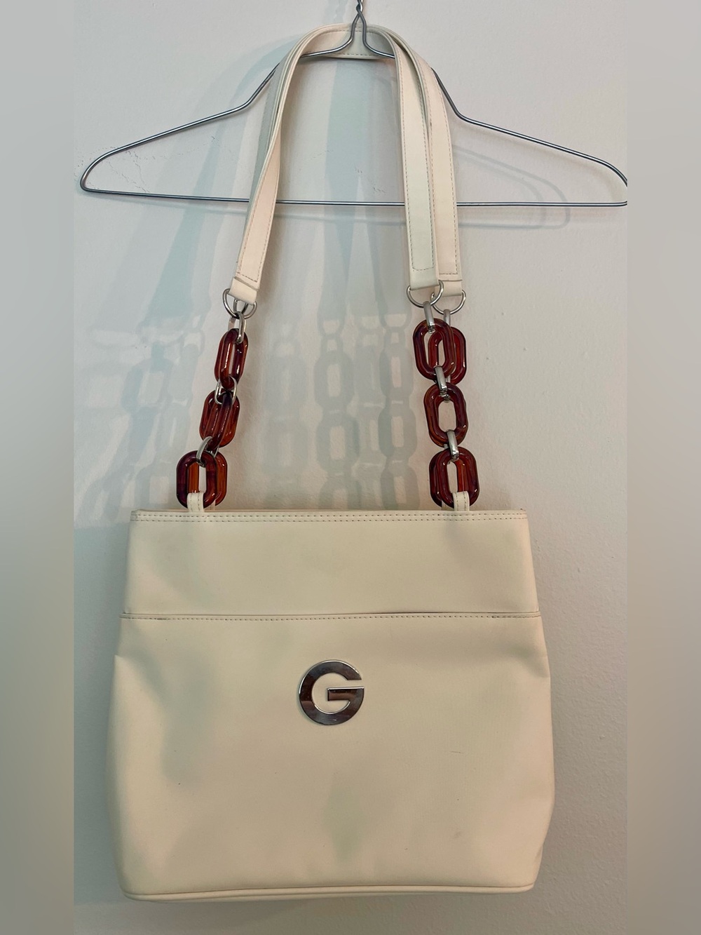 Cream Colored Double Strap Shoulder Bag With Silver G and Tortoiseshell Accents